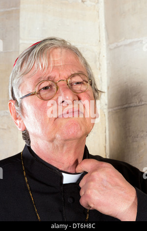 Pfarrer wird genervt von den kneifen Priester Kragen seines Hemdes oder Soutane Stockfoto