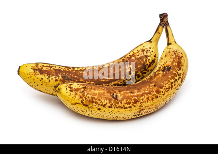 Überreife zwei Bananen. Banane ist abgelaufen. Isoliert auf weißem Hintergrund. Stockfoto