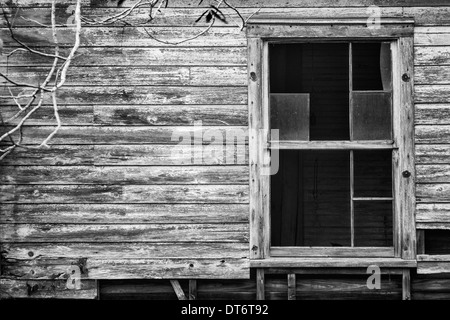 Zerbrochenes Fenster in einem baufälligen Haus in Fernandina Beach, Florida. In schwarz / weiß konvertiert. Stockfoto