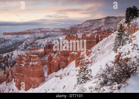 Bryce Amphitheater bei Sonnenaufgang nach einem Schneesturm Frühling, Bryce-Canyon-Nationalpark, Utah. Stockfoto