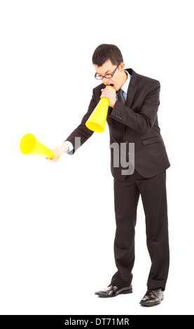 Geschäftsmann Schuld mit Megaphon auf weißem Hintergrund Stockfoto