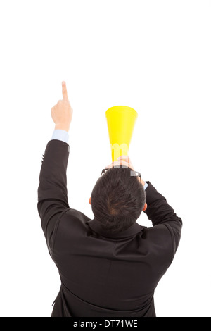 Geschäftsmann nach vorne zeigen mit Jubel Megaphon auf weiß Stockfoto