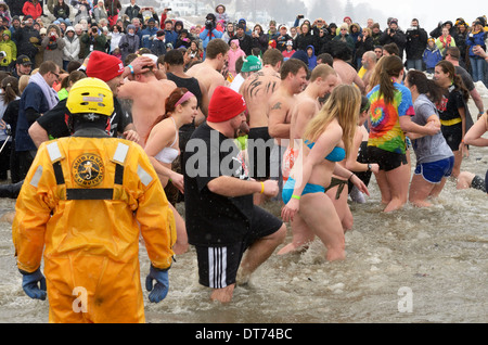 Jugendliche in Badeanzügen laufen in kalte eisige Wasser des Lake Ontario. Stockfoto