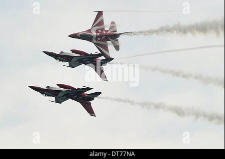 Singapur. 11. Februar 2014. Kämpfer der Republic of Singapore Air Force (RSAF) "Black Knights" führen während der Singapore Airshow auf Singapurs Changi Messegelände, 11. Februar 2014 statt. Die 6-Tage Singapore Airshow eröffnet hier am Dienstag. Bildnachweis: Dann Chih Wey/Xinhua/Alamy Live News Stockfoto