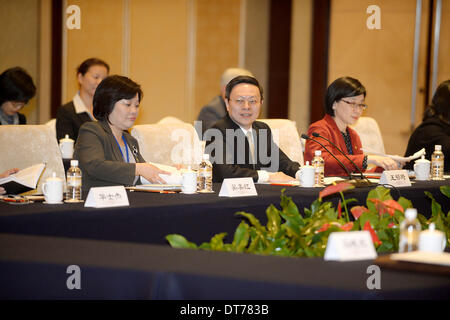 Nanjing, China Jiangsu Provinz. 11. Februar 2014. Wang Yu-Chi (C Front), Taiwans Festland-Angelegenheiten-Chef, spricht bei der formellen Treffen mit Zhang Zhijun (nicht abgebildet), Leiter des State Council Taiwan Affairs Office in Nanjing, der Hauptstadt der ostchinesischen Provinz Jiangsu, 11. Februar 2014. Das chinesische Festland und Taiwan Chef Beamten, die für Cross-Strait Angelegenheiten trafen hier auf Februar 11 Nachmittag zum ersten Mal seit 1949. © Shen Peng/Xinhua/Alamy Live-Nachrichten Stockfoto