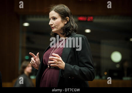 Brüssel, Bxl, Belgien. 11. Februar 2014. Birgitta Ohlsson Hauptsitz der schwedische Minister für Angelegenheiten der Europäischen Union im allgemeinen Angelegenheit Rat European Affairs Minister beim Europäischen Rat in Brüssel am 11.02.2014, die Minister eine Entscheidung über die Genehmigung für das Inverkehrbringen für Zwecke der Anbau von gentechnisch verändertem Mais 1507 treffen. Bildnachweis: ZUMA Press, Inc./Alamy Live-Nachrichten Stockfoto