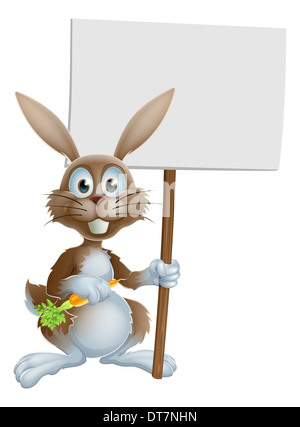 Cartoon-Hase mit Karotte und Plakat Schild Stockfoto