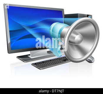 Ein Computer Megaphon Konzept der Mega-Handy einen Computer-Bildschirm oder Monitor herausfliegen. Konzept für Internet-Marketing, podcastin Stockfoto