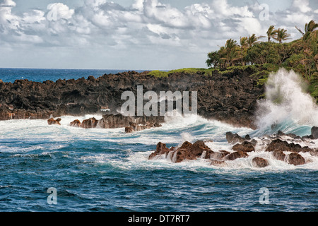 Wellen Absturz gegen die Lava Küstenlinie im Waianapanapa State Park auf Hawaii Insel Maui. Stockfoto