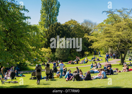 Touristen in den Museum Gardens an einem heißen, sonnigen Tag, York Stockfoto