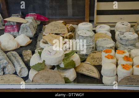 Französische Käsesorten auf dem Display in Käse-Shop. Paris, Frankreich. Stockfoto