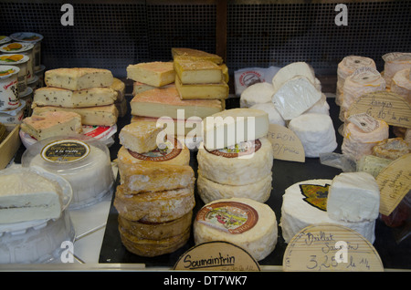 Französische Käsesorten auf dem Display in Käse-Shop. Paris, Frankreich. Stockfoto