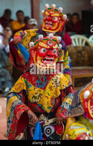 Maskierte Cham-Tänzer des Tak Tkok Tse Chu-Festivals am Tak Thok Gompa, (Ladakh) Jammu & Kaschmir, Indien Stockfoto