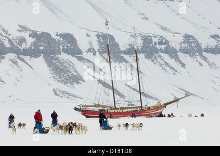 Hundeschlitten-Teams Rennen abseits der Noorderlicht "Schiff im Eis", Tempel Fjord (Tempelfjorden), Inselgruppe Svalbard, Spitzbergen, Norwegen Stockfoto