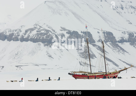 Hundeschlitten-Teams Rennen abseits der Noorderlicht "Schiff im Eis", Tempel Fjord (Tempelfjorden), Inselgruppe Svalbard, Spitzbergen, Norwegen Stockfoto