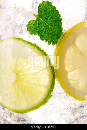 Eine Nahaufnahme Detail ein Lemon Lime Soda mit einem Minzblatt mit Eis in ein klares Glas Stockfoto