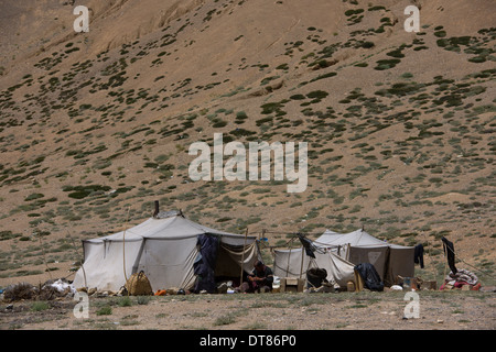 Nomad Zelte aufgeschlagen in Pang auf der Autobahn Manali-Leh (Ladakh) Jammu & Kaschmir, Indien Stockfoto