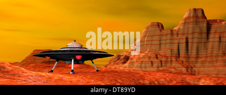UFO-Landung auf einer Wüstenlandschaft. Stockfoto