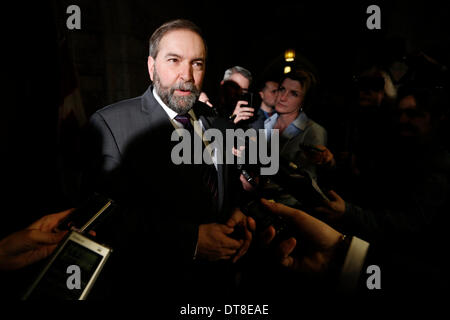 Ottawa, Kanada. 11. Februar 2014. Thomas Mulcair, Führer der Opposition New Democratic Party, spricht über den neuen Bundeshaushalt, vorgestellt von Finanzminister Jim Flaherty am Parliament Hill in Ottawa, Kanada, 11. Februar 2014 zu Reportern. Jim Flaherty am Dienstag enthüllt einen föderalen Haushalt einen Überschuss im Jahr 2015 zu projizieren. © David Kawai/Xinhua/Alamy Live-Nachrichten Stockfoto