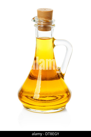 Glas, Karaffe mit Oliven oder Sonnenblumen-Öl auf dem weißen Hintergrund isoliert Stockfoto