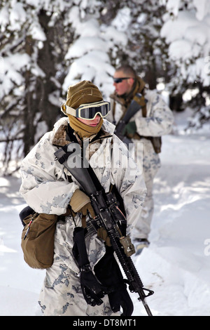 US-Marines patrouillieren während der letzten sechs-Tage-Feld Übung für Berg ausüben Wintertraining am Mountain Warfare Training Center 3. Februar 2014 in Bridgeport, CA. Stockfoto