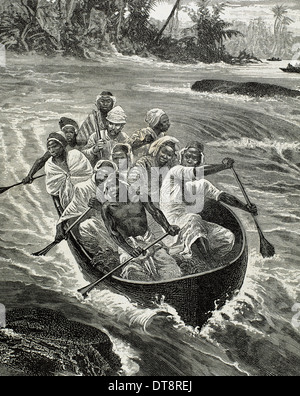 Henry Morton Stanley (1841-1904). Britische Forscher. Stanley übergibt die Congo River Rapids. Gravur. des 19. Jahrhunderts. Stockfoto