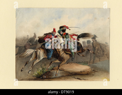 Französische Pferd Chasseurs der Imperialen Garde im Kampf mit der russischen Kosaken, C. 1830. Artist: Finert (Finart), Noël Dieudonné (1797-1852) Stockfoto