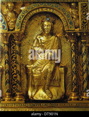 Der Schrein von Karl dem großen, Detail: Friedrich II., Kaiser des Heiligen Römischen Reiches, 1215. Künstler: West Europa angewandte Kunst Stockfoto