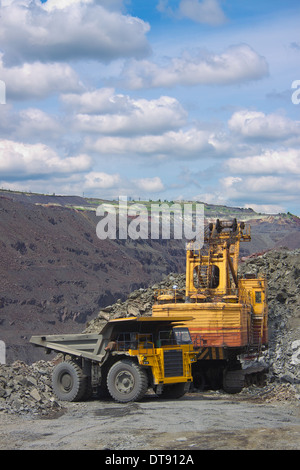 Laden von Eisenerz in der schwere Muldenkipper auf Tagebau Eisenerzabbau Bagger Stockfoto