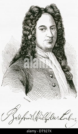 Gottfried Wilhelm von Leibniz, 1646 – 1716. Deutscher Mathematiker und Philosoph. Porträt und Faksimile der Unterschrift Stockfoto