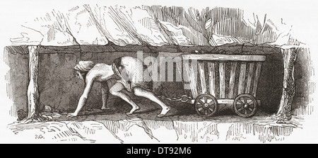 Szene in einer englischen Kohlenmine, Anfang des 19. Jahrhunderts. Ein Hurrier Transport von Kohle in einem Corf. Stockfoto