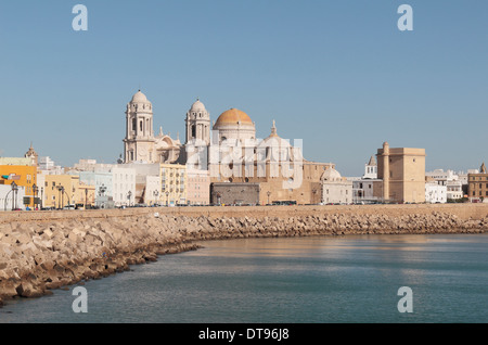 Der Kuppel von Cadiz Kathedrale (Catedral Nueva) betrachtet entlang der Promenade von Campo del Sur in Cadiz, Andalusien, Spanien. Stockfoto