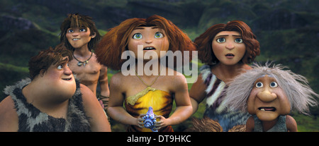 Die Croods 2013 Twentieth Century Fox Animation Film Mit Grug Sandy Baby Uga Thunk Gran Eep Und Guy Stockfotografie Alamy