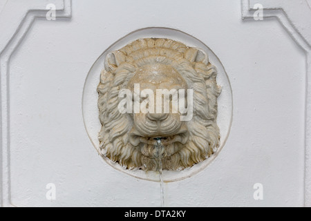 MARMORLÖWEN KOPF BRUNNEN AN DER WAND MIT WASSER AUS SEINEM MUND GIEßEN Stockfoto