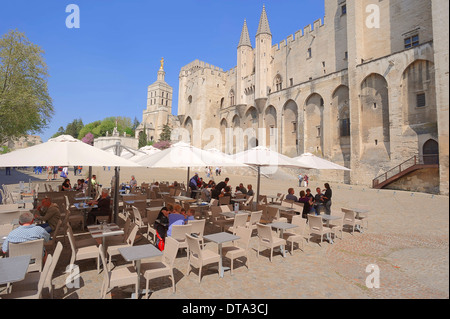 Straßencafé vor dem Palais des Papes oder Papstpalast Avignon, Vaucluse, Provence-Alpes-Cote d ' Azur, Südfrankreich Stockfoto