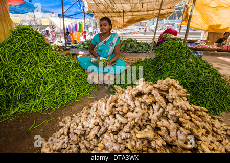 Eine Frau verkauft Ingwer und Chilis am wöchentlichen Gemüsemarkt, Nasik, Maharashtra, Indien Stockfoto