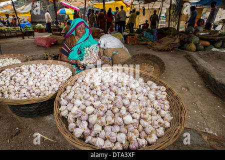 Eine Frau verkauft Knoblauch in Körben auf dem Wochenmarkt Gemüse Nasik, Maharashtra, Indien Stockfoto
