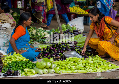 Eine Frau verkauft Auberginen, Paprika, Blumenkohl und Gurken auf dem Wochenmarkt Gemüse Nasik, Maharashtra, Indien Stockfoto