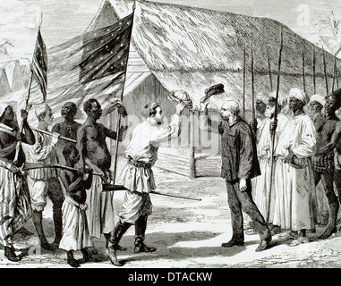Afrika. Ein Gespräch zwischen dem Stanley (1799-1869) und David Livingstone (1813-1873) in das Dorf Ujiji am Tanganyika-See. Stockfoto
