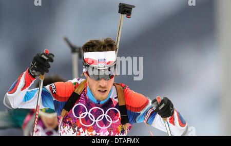 Tschechische Biathlonist Jaroslav Soukup ist während die Männer Biathlon-20 k Einzelrennen bei den Olympischen Winterspielen 2014 13. Februar 2014, in Krasnaya Polyana, Russland gesehen. (CTK Foto/römische Vondrous) Stockfoto