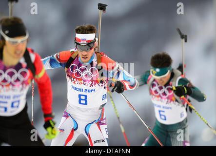 Tschechische Biathlonist Jaroslav Soukup ist während die Männer Biathlon-20 k Einzelrennen bei den Olympischen Winterspielen 2014 13. Februar 2014, in Krasnaya Polyana, Russland gesehen. (CTK Foto/römische Vondrous) Stockfoto