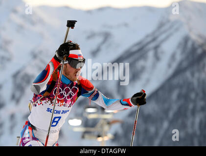 Tschechische Biathlonist Jaroslav Soukup ist während die Männer Biathlon-20 k Einzelrennen bei den Olympischen Winterspielen 2014 13. Februar 2014, in Krasnaya Polyana, Russland gesehen. (CTK Foto/römische Vondrous) Stockfoto