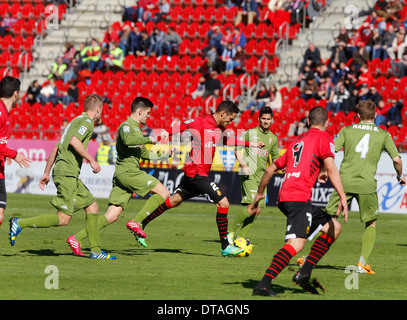 Szene aus Fußballspiel zwischen Real Mallorca und Sporting Gijon auf spanischen Zweitligisten Stockfoto