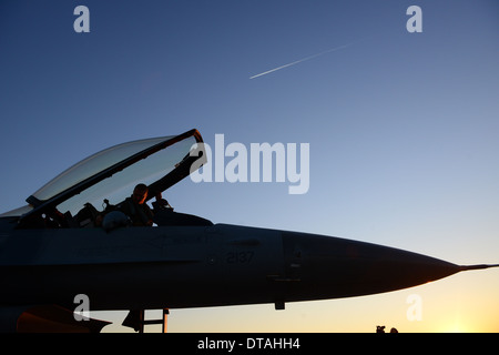 US Air Force Captain Matthew Sabraw, 555. Fighter Squadron Pilot beendet Last-Minute-Kontrollen vor dem Schließen der Haube seines f-16 Fighting Falcon-Flugzeugs auf dem Flug Linie der Aviano Air Base 5. Dezember 2013 in Aviano, Italien. Stockfoto