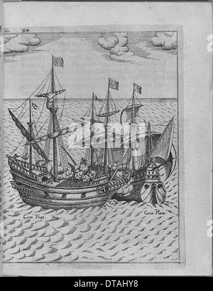 Kampf zwischen Francis Drakes Schiff Golden Hind und das spanische Schiff Feuerspeier. (Von Levinus Hulsiu Künstler: anonym Stockfoto