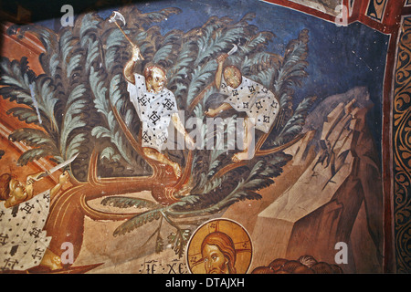 Der Einzug Christi in Jerusalem. Detail: Kinder schneiden Palm Tree Branches, 14. Artist: Master Gerasime (14. Jahrhundert) Stockfoto