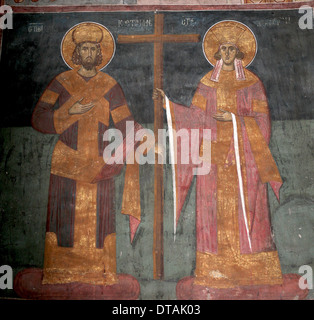 Erhöhung des Heiligen Kreuzes. Heiligen Konstantin der große und Helena, ca. 1350. Künstler: anonym Stockfoto