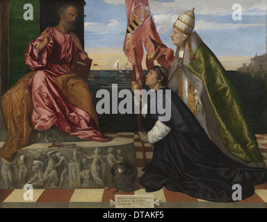 Jacopo Pesaro präsentiert Saint Peter, 1506-1511 von Papst Alexander VI. Künstler: Tizian (1488-1576) Stockfoto