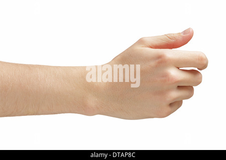 erwachsener Mann Hand geben oder hält so etwas wie die Visitenkarte, isoliert auf weiss Stockfoto