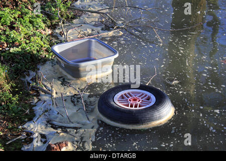 Hampton Court, Greater London, England, UK. 13. Februar 2014. Nach den außergewöhnlichen Ebenen Niederschläge in ganz Großbritannien ist die Themse Ufer an vielen Orten in Surrey geplatzt. Hier hat in Hampton Court Schutt fegte flussabwärts an den Ufern der Themse entlang des Weges Barge zu Fuß angespült. Bildnachweis: Julia Gavin/Alamy Live-Nachrichten Stockfoto